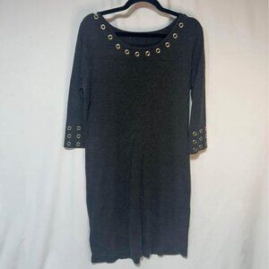 Woman’s knit dress with grommet detail and 3/4 sleeves. Charcoal gray. Size L.